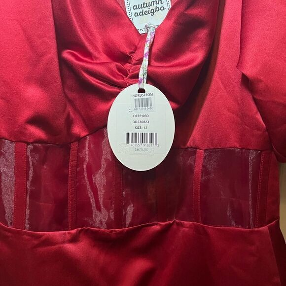 Autumn Adeigbo Clarette Deep Red Satin Puff Sleeve Boned Sweetheart Mini $675 - Picture 3 of 8